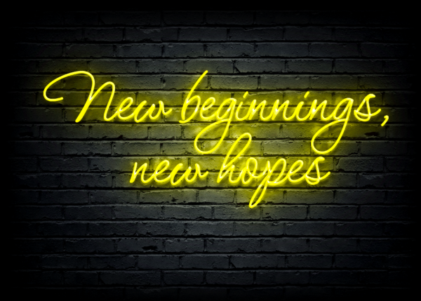 Led neono iškaba "New beginnings, new hopes"