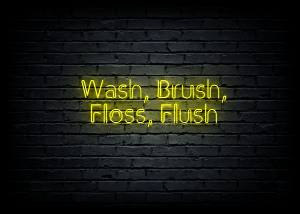 Led neono iškaba "Wash, Brush, Floss, Flush"