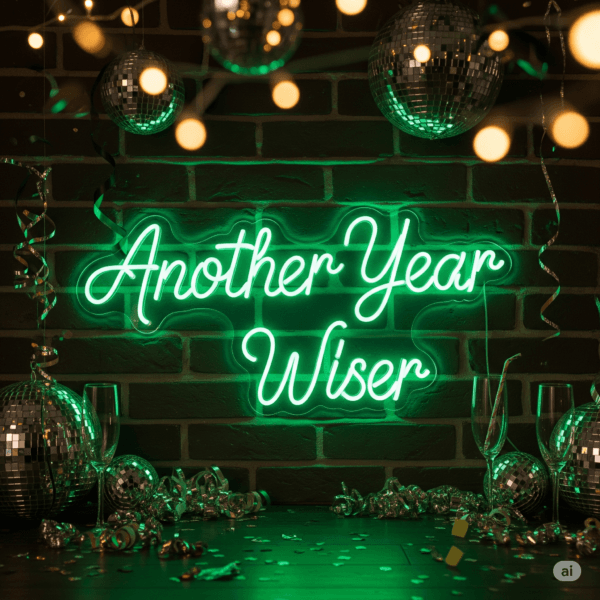 Led neono užrašas "Another Year Wiser"