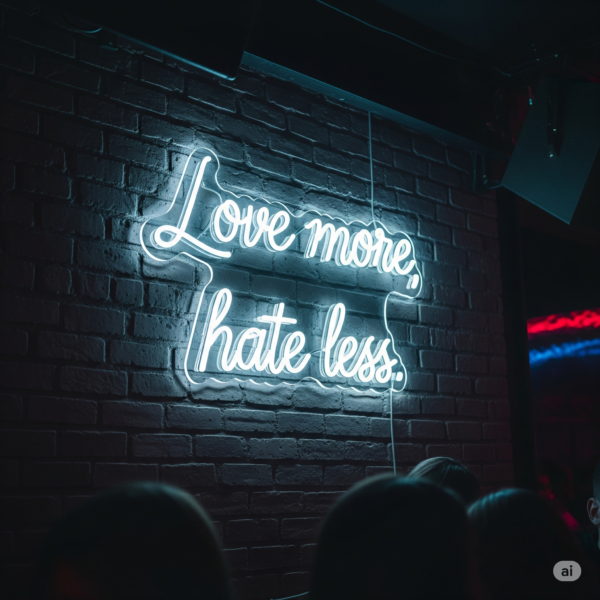 Led neoninė iškaba "Love more, hate less"