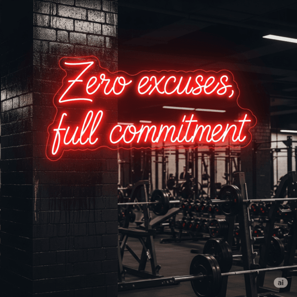 Led neono užrašas "Zero excuses, full commitment"