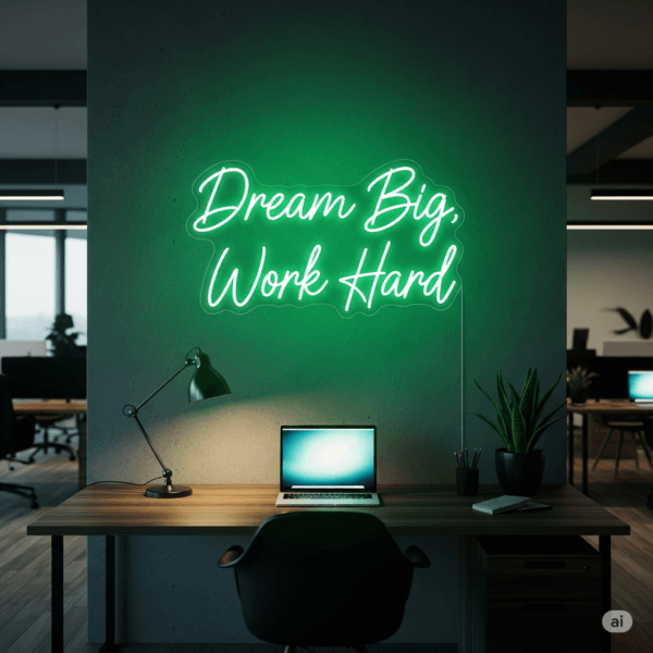 Led neono iškaba "Dream Big, Work Hard"