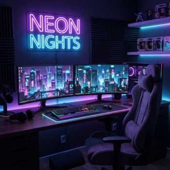 Violetinis LED neon ženklas žaidimų kambario sienoje virš gaming stalo