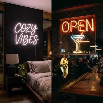 LED neonas ir stiklo neonas šalia vienas kito – rausvas užrašas miegamajame ir raudonas „OPEN“ stiklo neonas bare